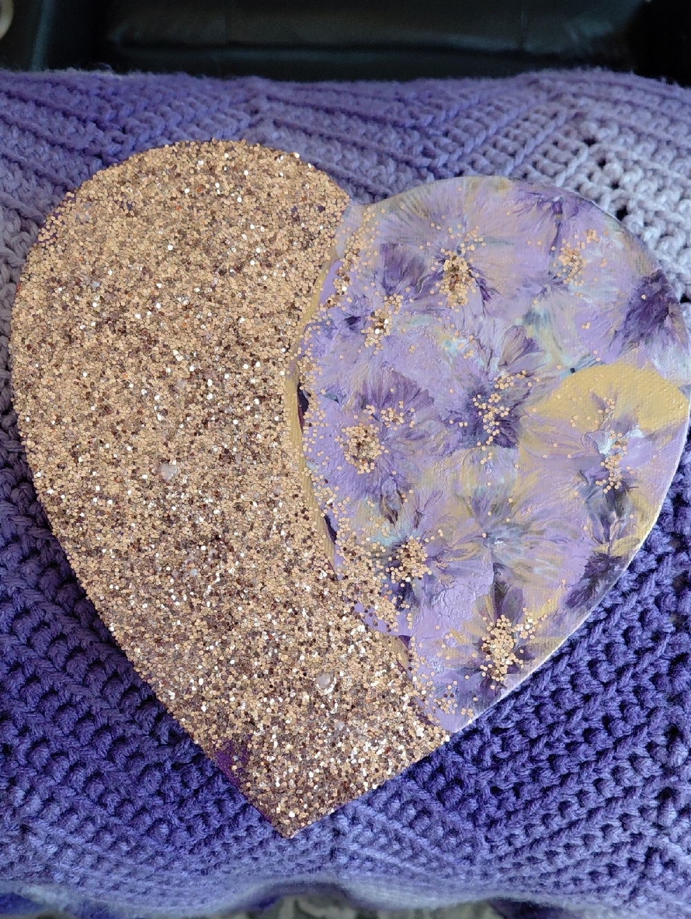 Purple Floral & Gold Glitter Heart Wall Art